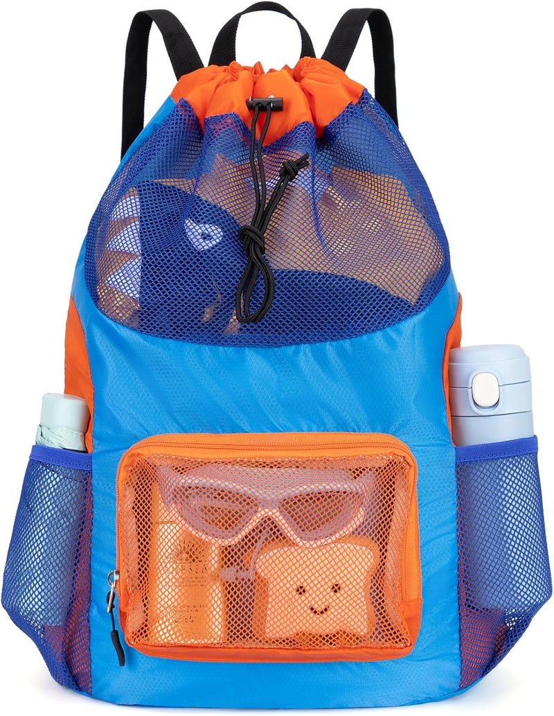 Veious Swim Bag for Kids Drawstring Backpack for Boys Lightweight Mesh Beach Backpack Swimming Pool Sports Gym String Bag Blue - Image 1